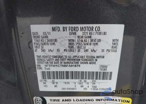 2011 Ford F-150 Xlt из США, поврежденный, VIN 1FTFW1CT6BFA91876